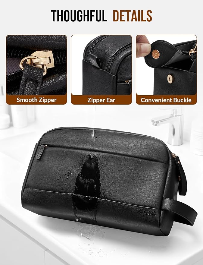 Large PU Leather Toiletry Bag for Men - Water Resistant Travel Bag for Toiletries, Bathroom Essentials, Accessories - Black - Image 5