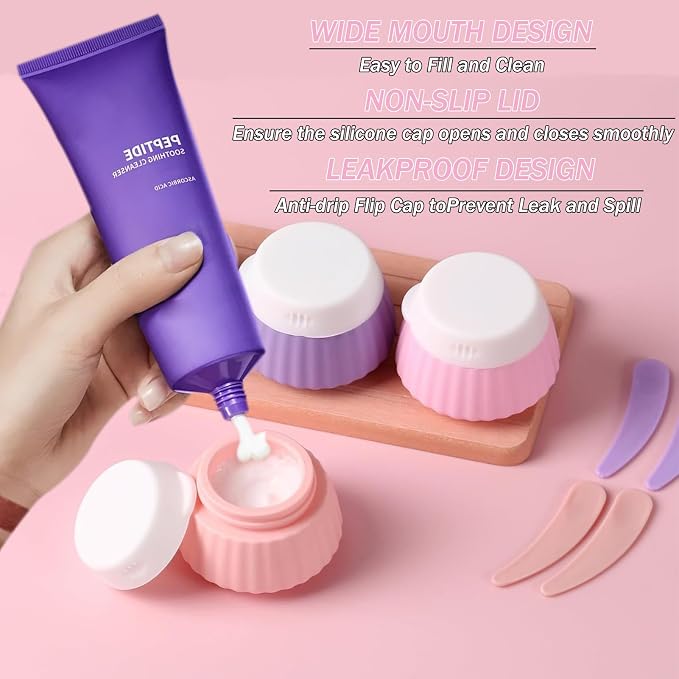 4 Pack Silicone Travel Cream Containers, Refillable Toiletry Jars | Leak Proof Design, Comes with Scoops, Labels & Clear Bag, Perfect for Travel Shampoo, Conditioner and Skincare Toiletries - Image 4