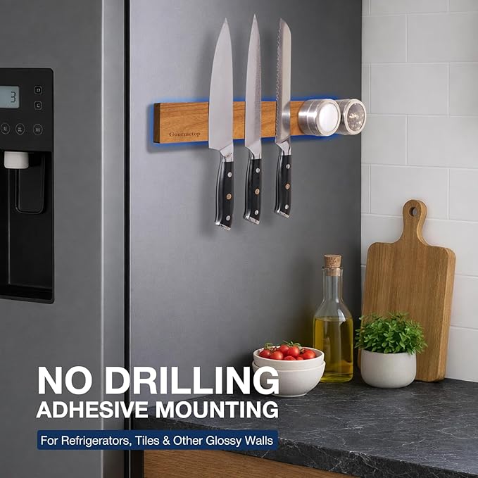 Magnetic Knife Holder for Wall 16”, Acacia Wood, No Drill Fridge | Strong Dual-Row Magnet Holds 9 Knives & Heavy Cleaver, 3M Adhesive Tape & Screw Mount, Kitchen Knife & Utensil Organizer - Image 3