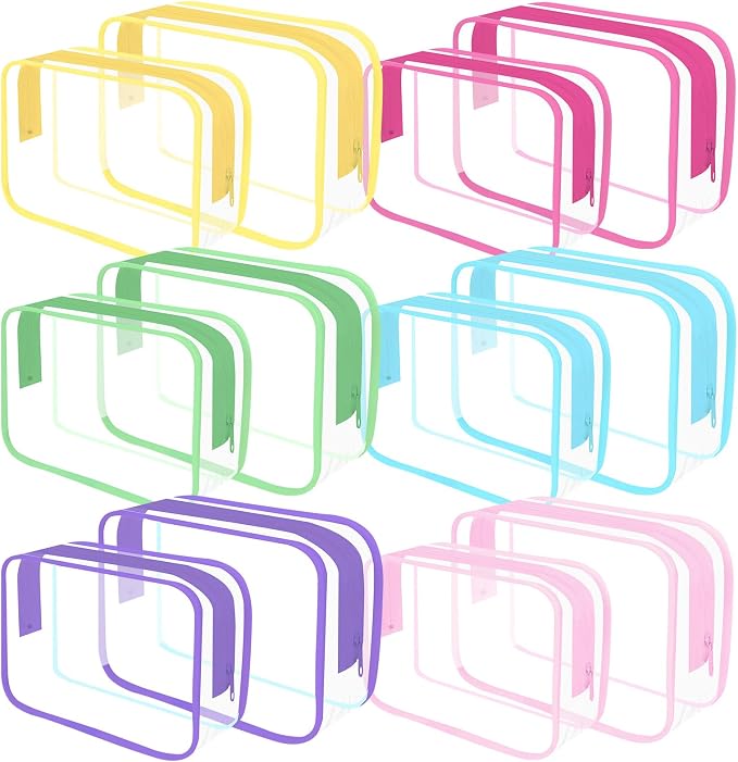 Clear Toiletry Bag, 12 Pack TSA Approved Toiletry Bag Travel Accessories Bag, Quart Size Bag for 3-1-1 Liquids Airport Airline Compliant Clear Makeup Bag with Metal Zipper (2 Size Colorful Bags) by REHALY