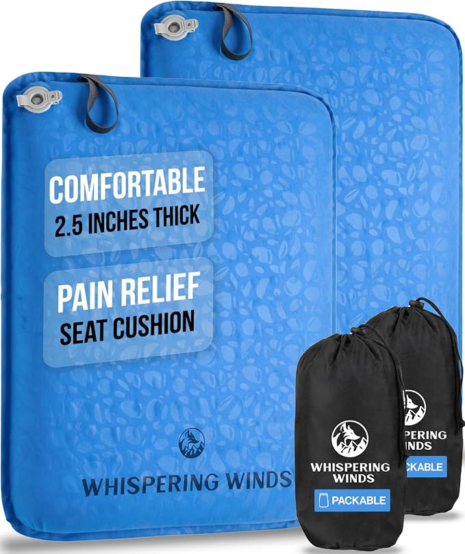 Whispering Winds Inflatable Seat Cushion | Comfortable & Packable Blow-up Foam Pad for Airplane Travel, Stadium Outdoors, Camping, Car & More by WhisperingWinds