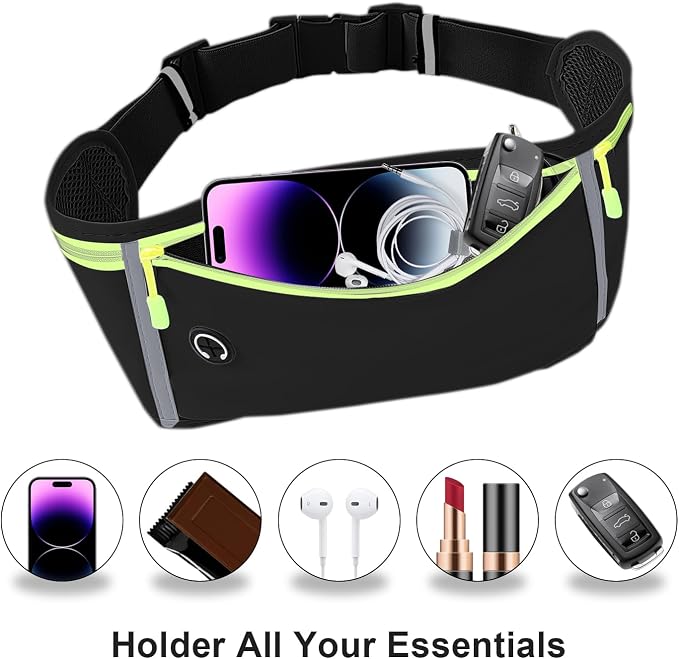 Slim Running Belt for Women Men,Runners Fanny Pack Phone Holder,Money Belt,Running Gear Accessories,with 3 Pockets (Green-black) - Image 2