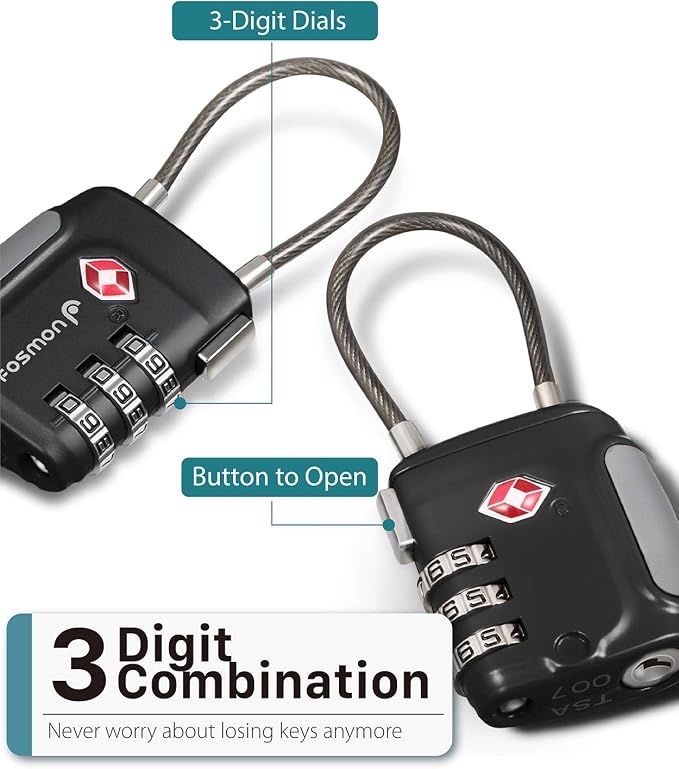 Fosmon TSA Approved Cable Luggage Locks, 3 Digit Combination, 2 Pack | Push Release Button, Long Shackle Cable Lock, Flexible Wire Padlock, Suitcase Backpack Travel, Gun Case Lock - Image 3