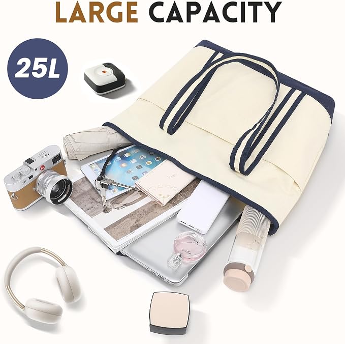 Large Canvas Tote Bag for Women, Beach Bag with Zipper, Utility Tote Bag with 3 Front Pockets, Weekender Pool Bag - Image 3