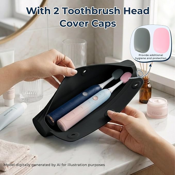 Electric Toothbrush Travel Case with 2 Head Covers, Black | Waterproof Silicone Case Protects Your Electric Toothbrush During Travel, Gym Visits and Business Trips - Image 5