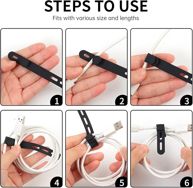 Oligei 25 Pcs Silicone Cable Ties, Cable Ties Reusable, High Elasticity Cord Wraps for Electrical Cords, Cord Organizer for Earphone, Phone Charger(Black) - Image 5