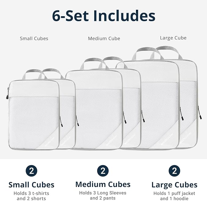 Compression Packing Cubes 6 Set, Compressible Space-Saving Packing Cubes for Travel - Compression Bags, Luggage Organizer, Travel Essentials for Women, White - Image 3