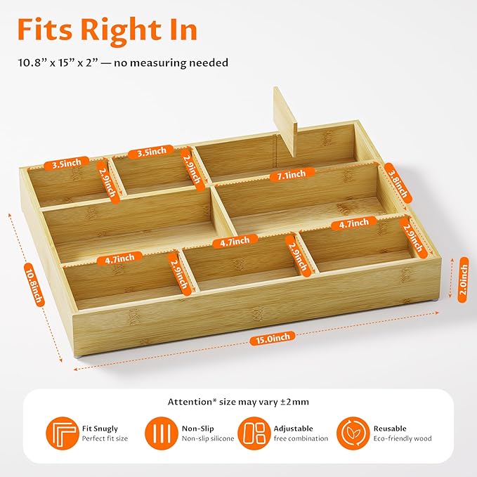 Bamboo Drawer Organizer with 9 Adjustable Compartments, Desk Storage Tray | Natural Bamboo, Flexible Modular Trays, Water-Resistant, Adjustable, Excellent Organization, Easy to Clean, Non-Slip Design - Image 2
