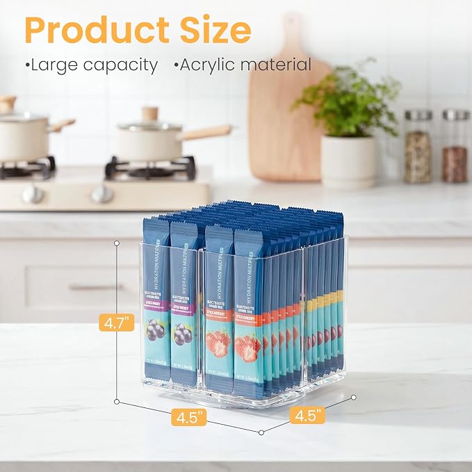 360° Rotating Acrylic Drink Packet Organizer, 4 Slot Water Flavor Packets Holder, Lazy Susan Water Packet Organizer for Drink Mix,Instant Coffee,Tea Sugar Packets Storage for Cabinet Kitchen Pantry - Image 3