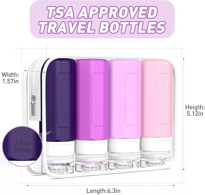 Redfly Travel Bottles for Toiletries, Tsa Approved 3oz Travel Size Containers, Leak Proof Travel Size Toiletries Bottles Silicone, BPA Free Refillable Shampoo Conditioners Essentials Kit, Purple - Image 5