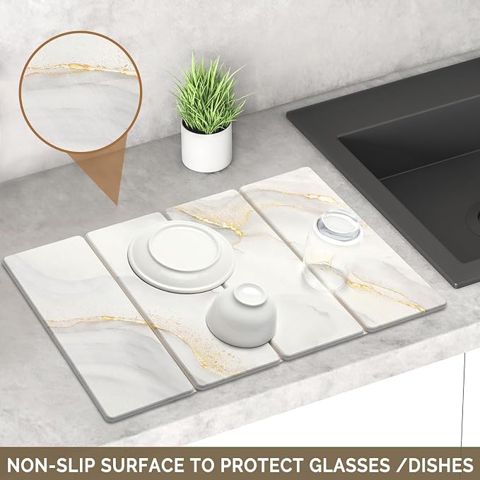 Large Stone Dish Drying Mat for Kitchen Counter, 2 PCS Quick Dry Stone Mats, Foldable Water Absorbing Diatomaceous Earth Drying Dishes Pad for Countertop Bottle Utensil Cup(Yellow White 24"x16"&8"x4") - Image 4