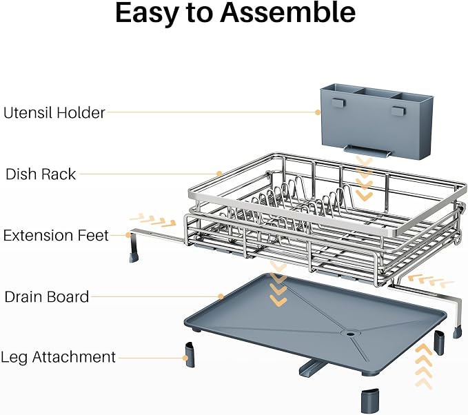 Expandable Dish Drying Rack for Kitchen Counter, Stainless Steel, Silver | Foldable Over Sink, Large Capacity, Adjust to Fit Most Sinks, Angled Drainboard, Removable Utensil Holder, Slip Resistant - Image 8