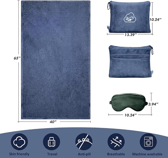 Travel Blanket, Airplane Blanket, Ultra-Soft, Warm & Lightweight, 65x40 in, Outdoor Blanket Essentials for Women, Men & Kids, Included Eye Mask, Luggage Sleeve & Backpack Clip Dusty Blue - Image 6