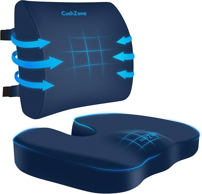 CushZone X-Large Seat Cushion and Lumbar Support Pillow for Office, Blue | Thick Memory Foam for Sciatica Pain Relief & Posture Correction, Non-Slip Chair Cushions for Car, Wheelchair and Travel by CushZone