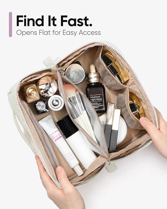 NISHEL Travel Makeup Bag for women, Organizer Pouch Cosmetic Case | Open-flat design keeps cosmetics, brushes, and beauty tools organized for travel and daily routines, Medium, Beige - Image 5