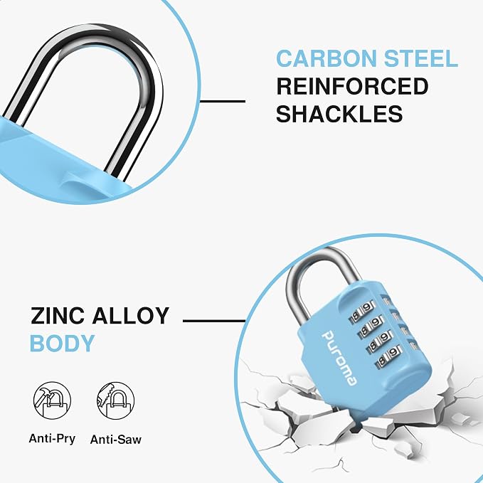 Puroma 1 Pack Combination Lock Locker 4 Digits Combo Padlock Gym Sky Blue | For School Gate Fence Toolbox Hasp Storage, Outdoor, Resettable, Weatherproof, Side Window, Crack Cut Resist, Hardened Steel - Image 5