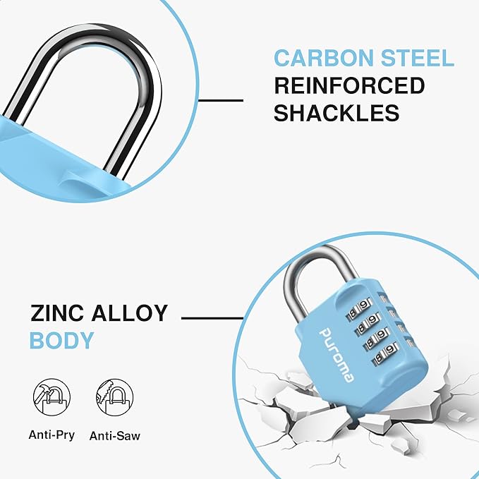 Puroma 2 Pack Combination Lock Locker 4 Digits Combo Padlock Gym Sky Blue | For School Gate Fence Toolbox Hasp Storage, Outdoor, Resettable, Weatherproof, Side Window, Crack Cut Resist, Hardened Steel - Image 5