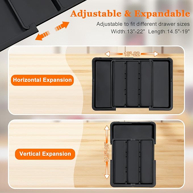 Large Utensil Drawer Organizer Expandable Silverware Organizer for Kitchen Drawer Adjustable Cooking Utensil Holder Cutlery Flatware Tray Spatula Tools Gadgets Storage Dividers Plastic Black - Image 6