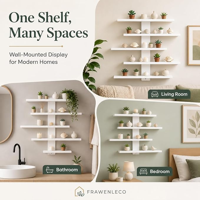 No Drill Wall Shelf, 5-Tier White Floating Shelves with Adhesive, Thickened 12mm PVC Board, Damage-Free Wall Mounted Organizer for Bathroom, Kitchen, Living Room, Bedroom(White) - Image 6