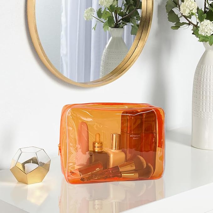 Waterproof PVC Makeup Bag - Leakproof Cosmetic Organizer for Travel Toiletry Storage 9.84×7.09×2.36 Inch for Women & Men (Orange) - Image 4