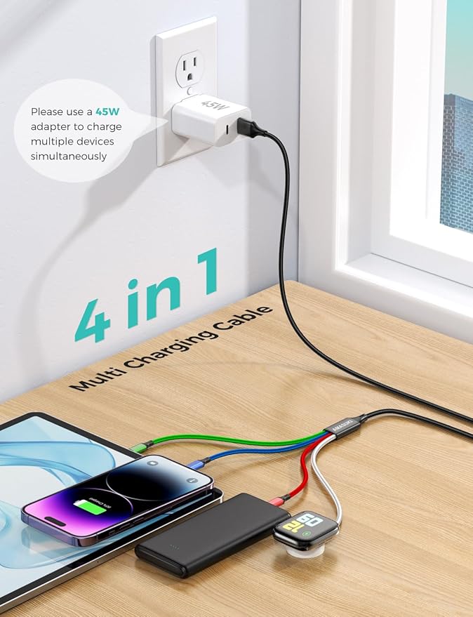 Cruise Essentials 2026,Travel Essentials,4 in 1 for Apple Watch Charger/iPhone Charger/Multi Charging Cable Camping Vacation,USB C/L/Micro Portable Charger for iWatch 11-1/iPhone 17-12,Car-4FT - Image 2