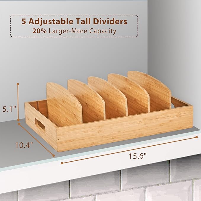 Extra Large Bamboo Food Container Lid Organizer for Kitchen Cabinet | Adjustable Slots - Tall Dividers for Large Lids - Premium Bamboo, Pretty Color - Versatile Caddy in Drawer - Anti-Skid Pads - Image 2