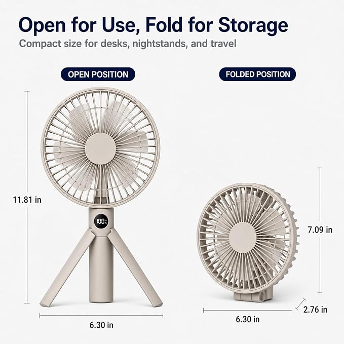 Quiet Handheld Camping Fan, Portable Fan Rechargeable, 12H Battery Life | 3000mAh battery powered hand held fan with USB-C charging, digital display, 4 speeds and quiet airflow for camping and travel - Image 2