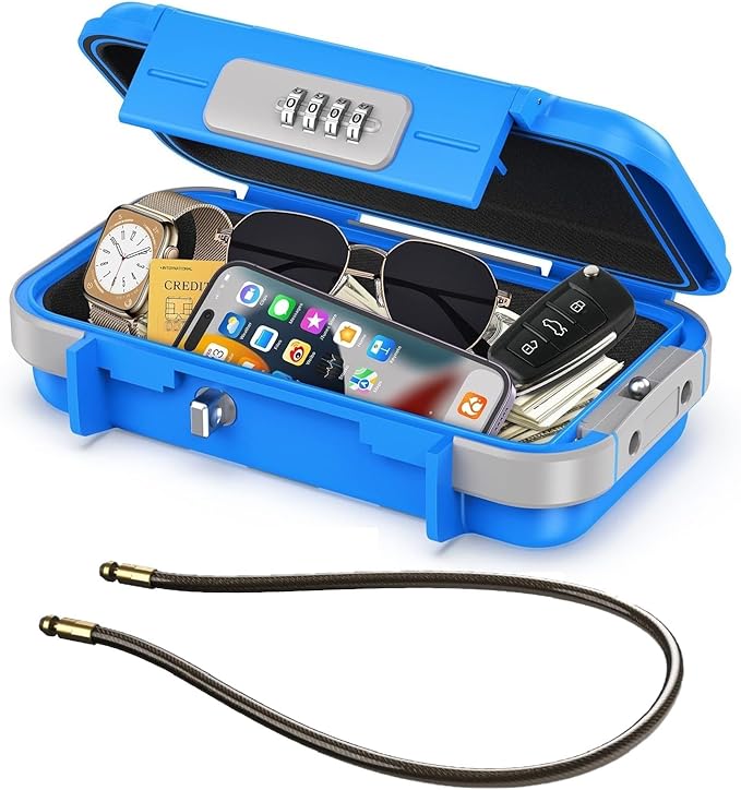 LOFICOPER Portable Safe Box with Combination Lock, Waterproof Security Case with Removable Chain for Travel, Hotel, Beach, Riding, Small Personal Lockbox, Blue by LOFICOPER
