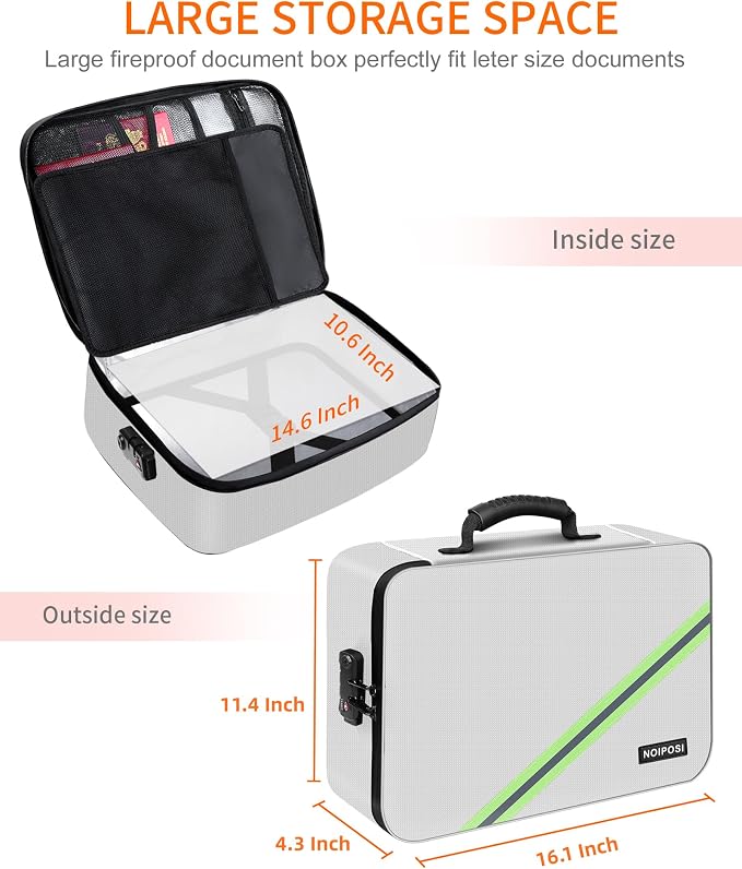 5200℉ Fireproof Document Box with Lock 16.1"x11.4"x4.3" | Portable ,Home ,Travel Water Resistant Document Storage Organizer for Important Documents and File ,Silver - Image 6
