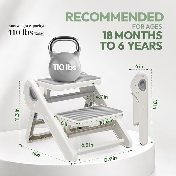 Foldable Toddler Step Stool for Bathroom Sink, Toilet, Bedroom, Kitchen – Non-Slip, Space-Saving, BPA-Free, Supports 110 lbs, Kids Step Stool (Grey) - Image 6