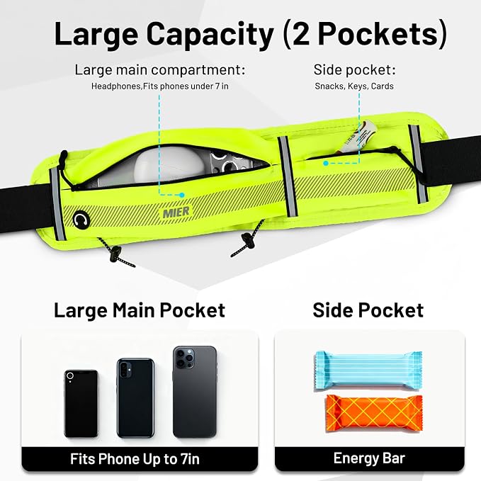 MIER Running Belt for Women & Men, Fanny Pack with Marathon Bib Clip, Neon | Slim Adjustable Phone Holder Pouch; Reflective Waist Packs for Running Essentials; Waterproof Zipper Pockets - Image 3