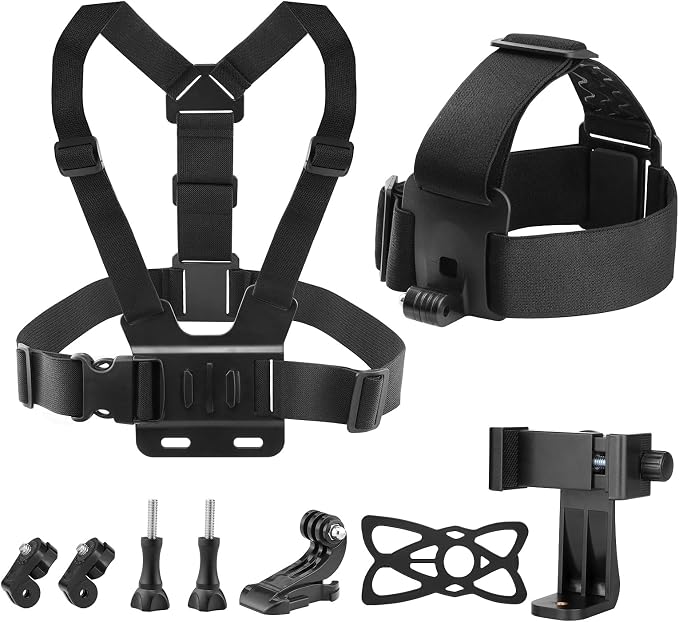 9-in-1 Chest & Head Mount Kit for GoPro, iPhone, DJI, Action Cam POV | Hands-Free POV Recording. Compatible with Samsung, Insta360, AKASO, SJCAM. Sturdy phone clamp & protective net included by GEEKAM