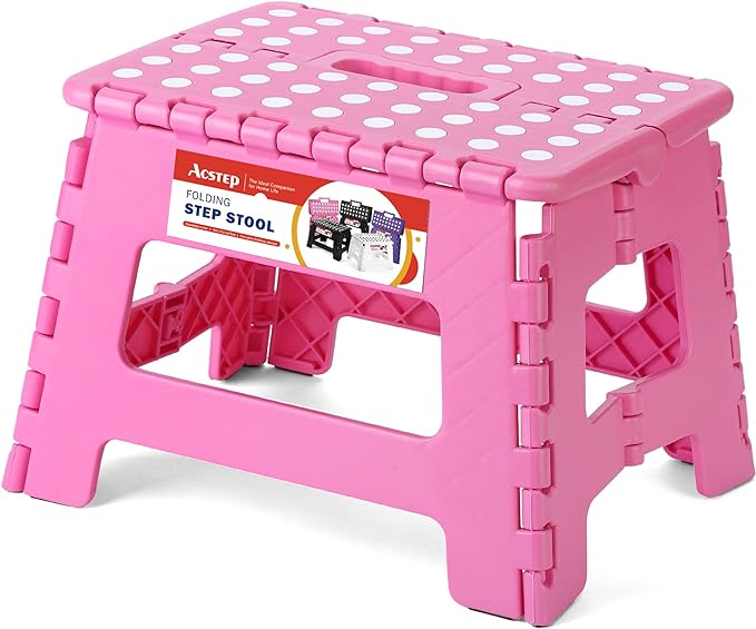 9" Folding Step Stool for Kids, Holds 300 lb Foldable Stools, Pink | Heavy Duty Collapsible Foot Stools, Lightweight, Non-Slip, for Toddler/Adults Kitchen Bathroom Bedroom Outdoor, with Handle by ACSTEP