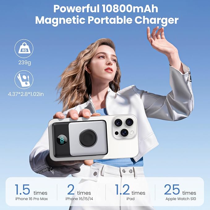 Magnetic Portable Charger 10800mAh with Built-in Cables,Wireless Power Bank for Magsafe,25W PD Fast Charging USB-C Travel Essentials Battery Pack for iPhone 17/16/15/14/13/12 Series,Apple Watch-Black - Image 2