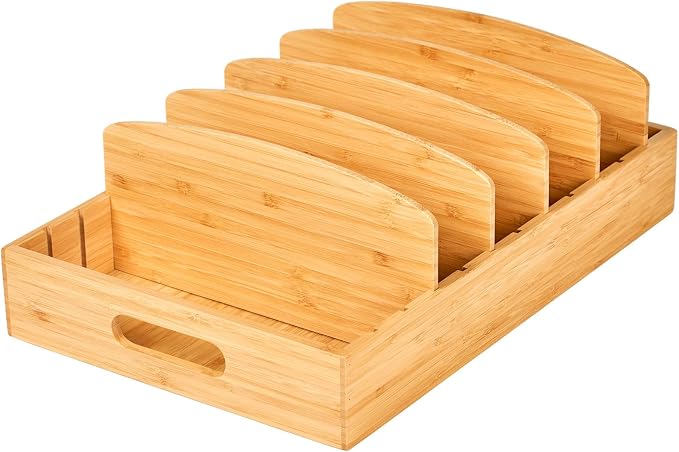 Extra Large Bamboo Food Container Lid Organizer for Kitchen Cabinet | Adjustable Slots - Tall Dividers for Large Lids - Premium Bamboo, Pretty Color - Versatile Caddy in Drawer - Anti-Skid Pads by Umilife