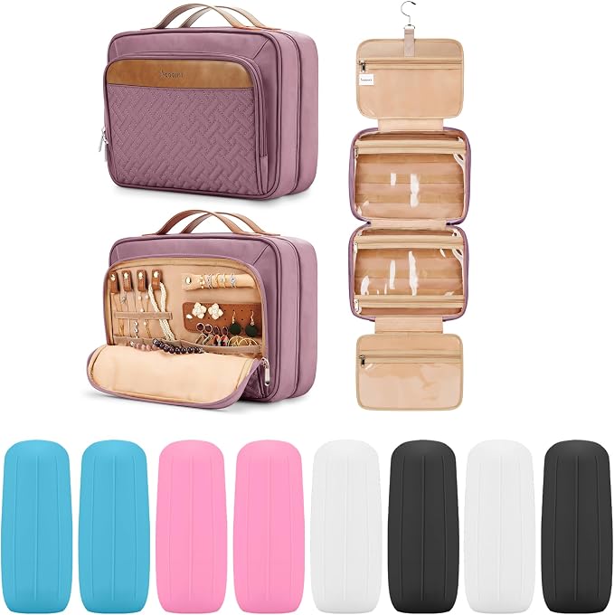 Travel Hanging Toiletry Bag for Women, Large Makeup Bag 8 Leak Proofing Silicone Bottle Covers, Waterproof Cosmetic Bag with Jewelry Organizer Compartment, Toiletries Kit Set, Purple by COOSKY