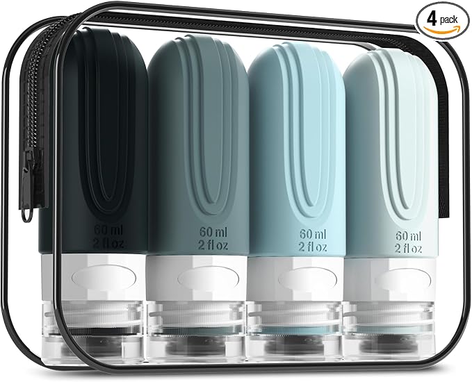 Mrsdry Travel Bottles for Toiletries, Tsa Approved 2oz Travel size Bottles, BPA Free Leak Proof Travels Toiletry Containers, Traveler Accessories with Toiletry Bag for Shampoo Liquid (4 Pack) by Mrsdry