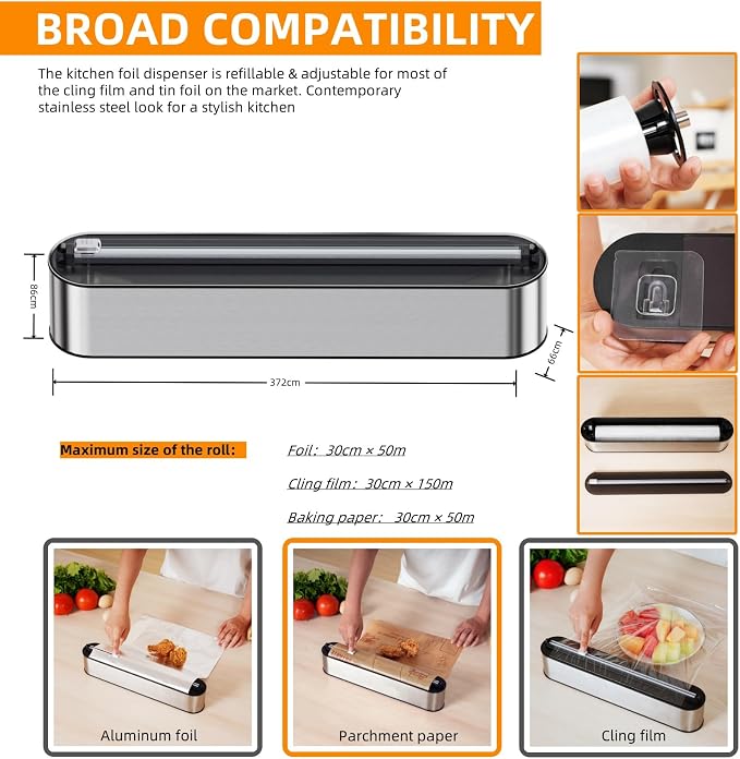 Aluminum Foil & Plastic Wrap Dispenser with Cutter - Magnetic & No-Drill Wall Mount, Stainless Steel Design, Space-Saving Kitchen organizer for Countertops & Cabinets - Fits 12" Rolls, Silver - Image 5