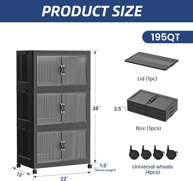SAILUN 195Qt Stackable Storage Bins,Storage Cabinet with a Lid,3 Pack Black | Stackable Storage Drawers with Lids,22" W x 13" D x 38" H,Featuring open-front Access for Clothes and Closet Storage - Image 7