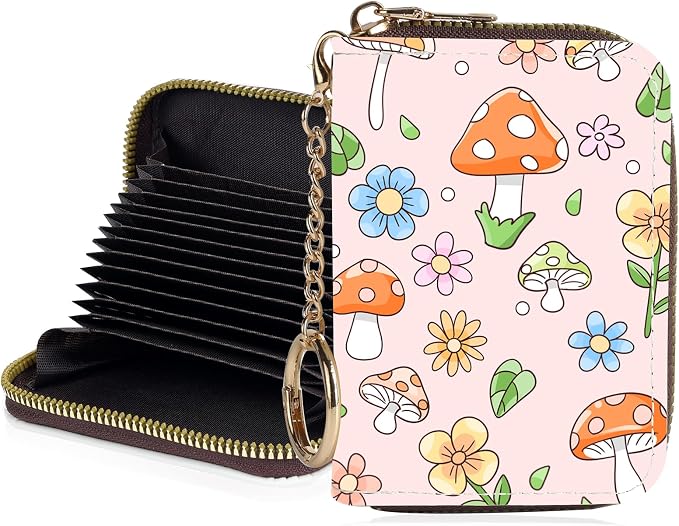 Credit Card Holder for Women,Small Rfid Wallet with Keychain Zipper,Cute PU Leather Card Case Wallet，Accordion Credit Card Wallets Gift,Little Mushroom by Unknown