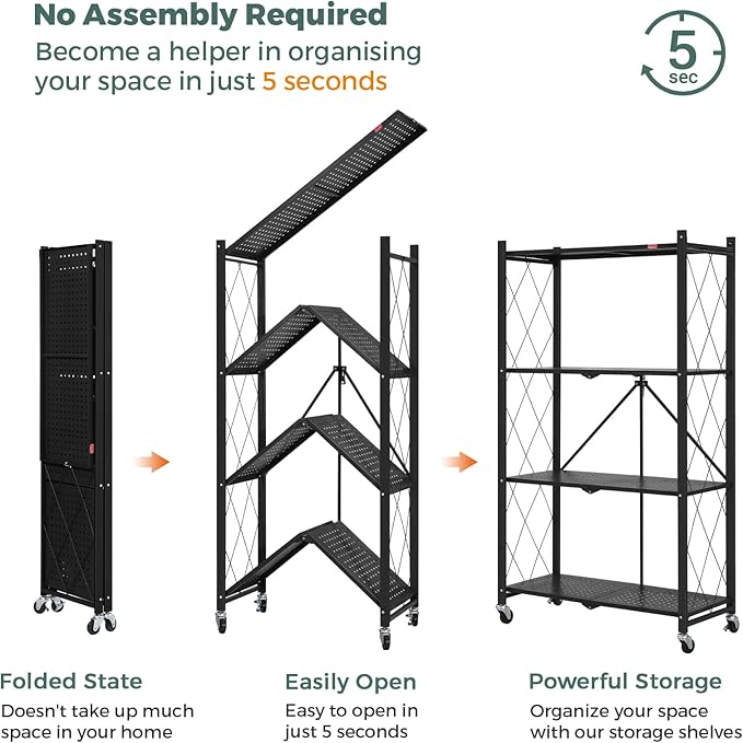 DEANIC 4 Tier Foldable Storage Shelves with Wheels, Large Capacity Shelving Unit, Freestanding Metal Wire Shelf Rack, No Assembly Organizer Rack for Garage Kitchen, Basement, Pantry(Black Pack of 2) - Image 6