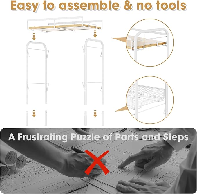 TOOLF 4-Tier Rolling Cart, Metal Utility Cart, Slide Out Storage Cart with Wooden Tabletop and Mesh Baskets, Easy Assemble Trolley for Kitchen Bathroom Laundry Room Bedroom Apartments Dormitory - Image 6