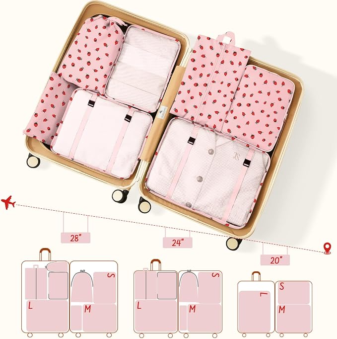 9 Set Packing Cubes for Travel Essentials - Lightweight Carry-On Luggage Organizer Bags with Shoe, Clothes & Laundry Bags for Airplane, Family & Business Travel, Pink strawberry - Image 3