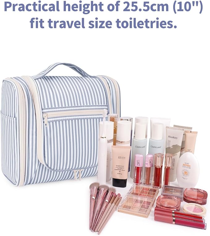 Narwey Striped Hanging Travel Toiletry Bag for Women, Travel Bag for Toiletries, Makeup Bag Organizer Cosmetic Bags Make Up Bags for Women (Greyish Blue Stripe) - Image 4