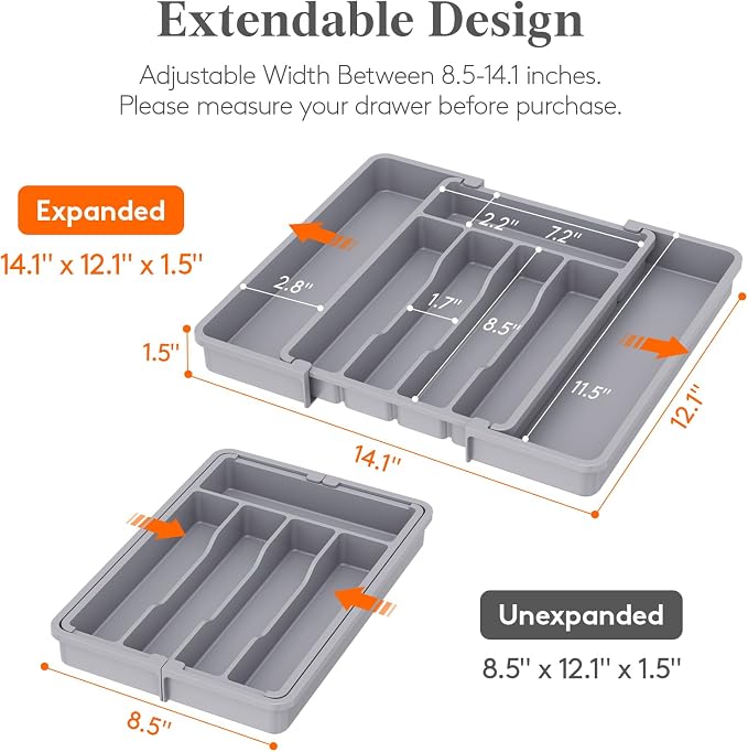Lifewit Expandable Silverware Drawer Organizer, Kitchen Utensil Tray | BPA-free Plastic Flatware Cutlery Holder, Space-Saving Storage for Spoons Forks Knives, 8.5-14 x 12 x 1.5“, Gray - Image 2