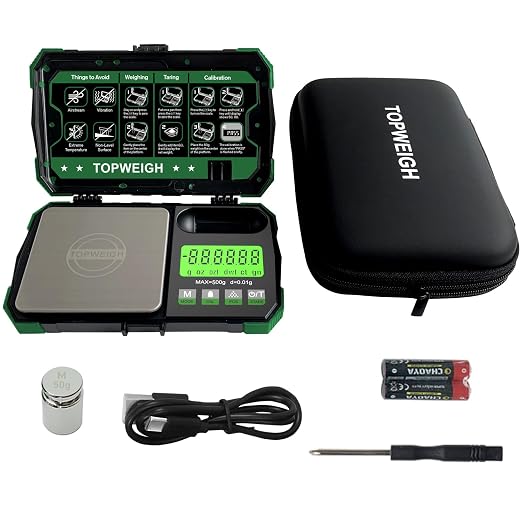 Pocket Scale, Dual Powered, Precision Gram Scale with Zipper Case | Digital Small Coin Scale, Large Backlight Display, 500g x 0.01g, 6 Weighing Units,Cal Weight, USB Cable Included by TOPWEIGH