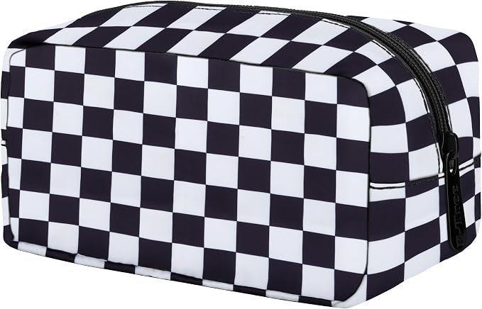 E-Tree Cute Makeup Bag,Medium Travel Make up Pouch for Purse,Zipper Toiletry Cosmetic Brush Skin Care Case for Women Man,Tech Electronic Organizer,Small Canvas Storage for Personal Items,Checkered by E-Tree