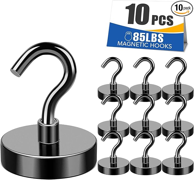 85LBS+ Magnetic Hooks, Strong Cruise Cabin Ship Essentials Black | Heavy Duty Magnet Hooks, Must Have Super Strong Metal Hanger for Grill, Fridge, Kitchen, Classroom, Vacation 10Pcs by MIKEDE