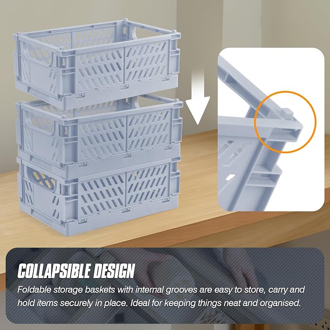 4 Pcs Collapsible Storage Crates, 10x5.9x4 inches Space-Saving Folding Containers, Stackable Plastic Boxes for Home Kitchen Office Bedroom Bathroom, Light Blue - Image 4