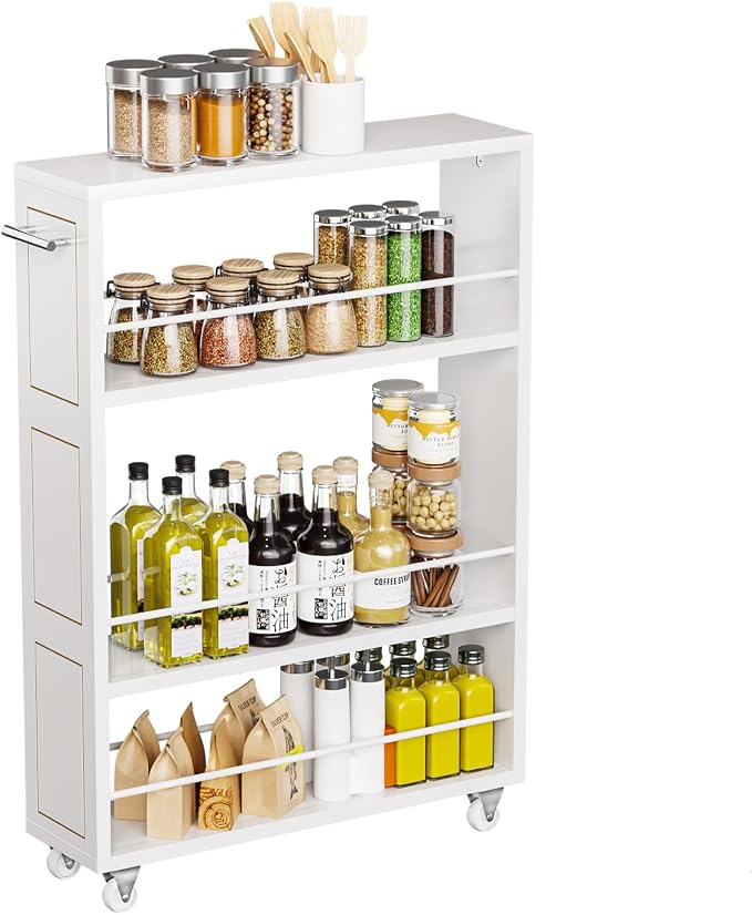 KLM 4 Tier White Slim Storage Cart with Handle, Slide Out Storage Rolling Utility Cart for Kitchen, Laundry, Narrow Places-6.7" W - Image 8